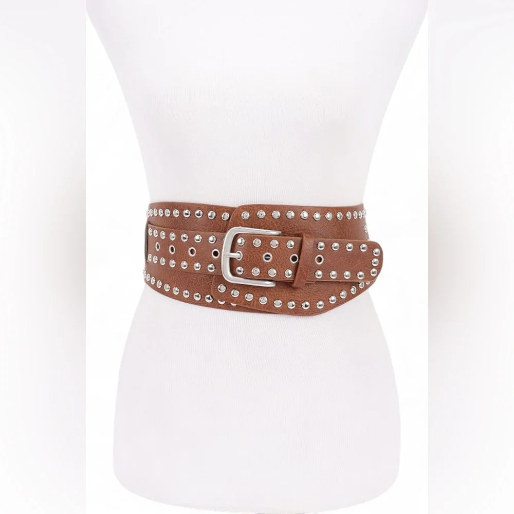 Vegan Leather Studded Statement Belt - Black, Brown, White